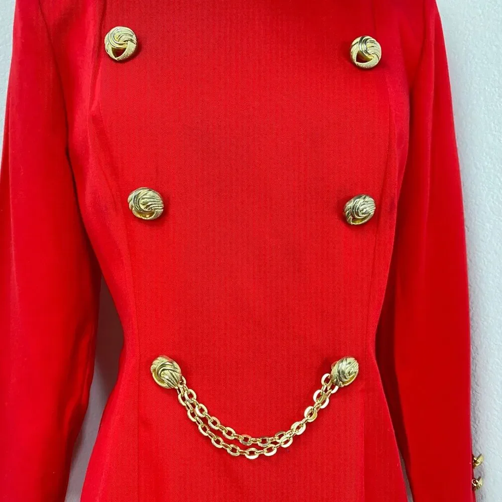 Vtg 80 Danny & Nicole Red Shift Dress 6 petite Gold Buttons Long Sleeves Modest